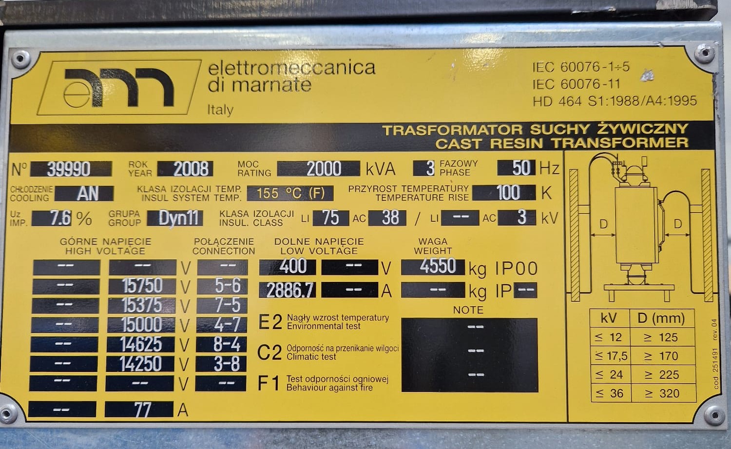 Zdjęcie produktu: Transformator suchy żywiczny 2000 kVA, 15 / 0.4 kV Elettromeccanica di marnate