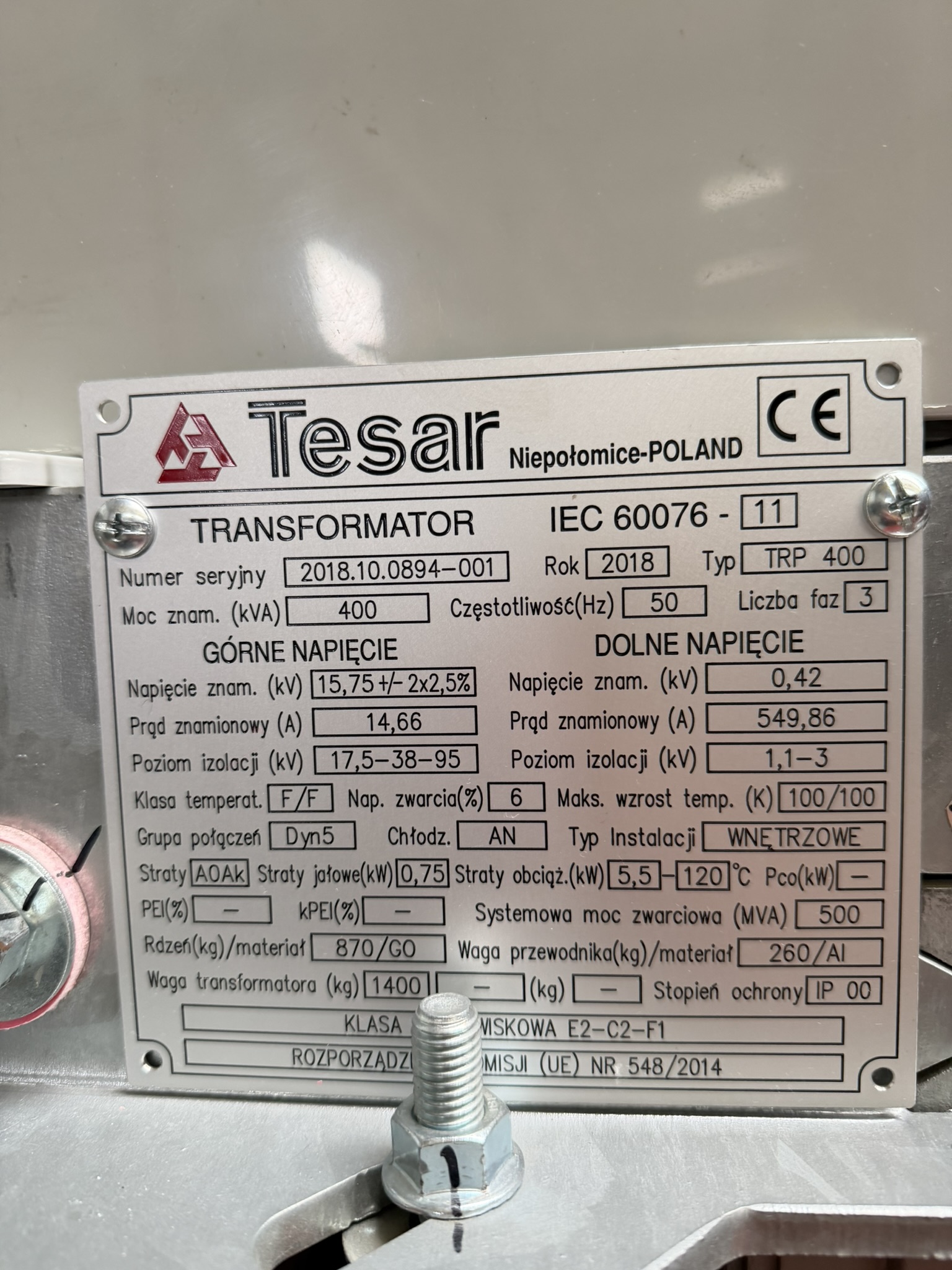 Zdjęcie produktu: Transformator suchy żywiczny 400 kVA, 15.75 / 0.42 kV Tesar
