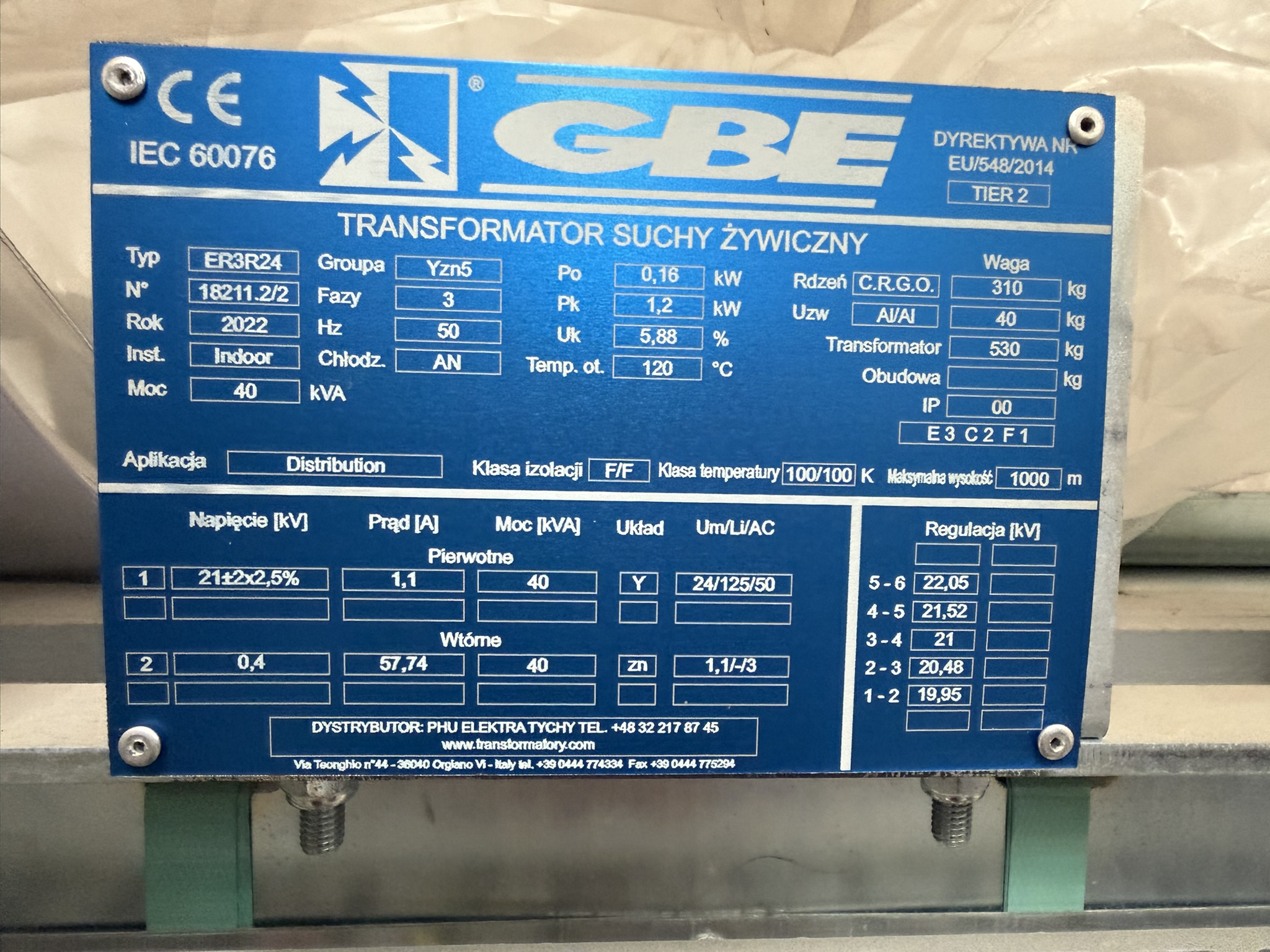 Zdjęcie produktu: Transformator suchy żywiczny 40 kVA, 21 / 0.4 kV GBE S.p.A.